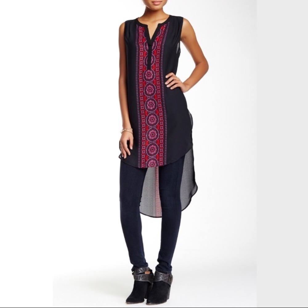 DR2 Black Sleeveless Tunic with Red and Lavender Patterned Front Panel
